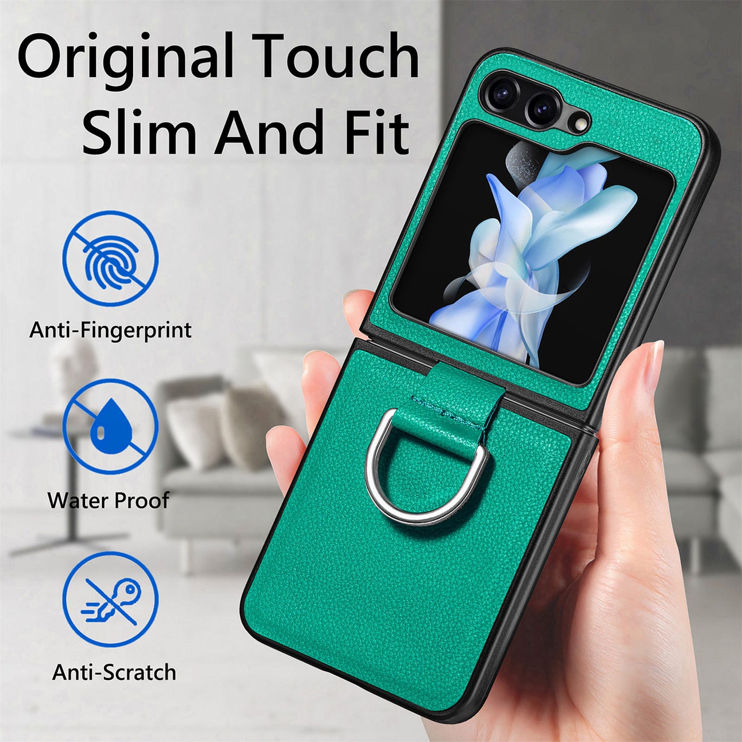 Uniqkart for Samsung Galaxy Z Flip5 5G Kickstand Phone Case Litchi Texture Leather+Hard PC Protective Cover - Green
