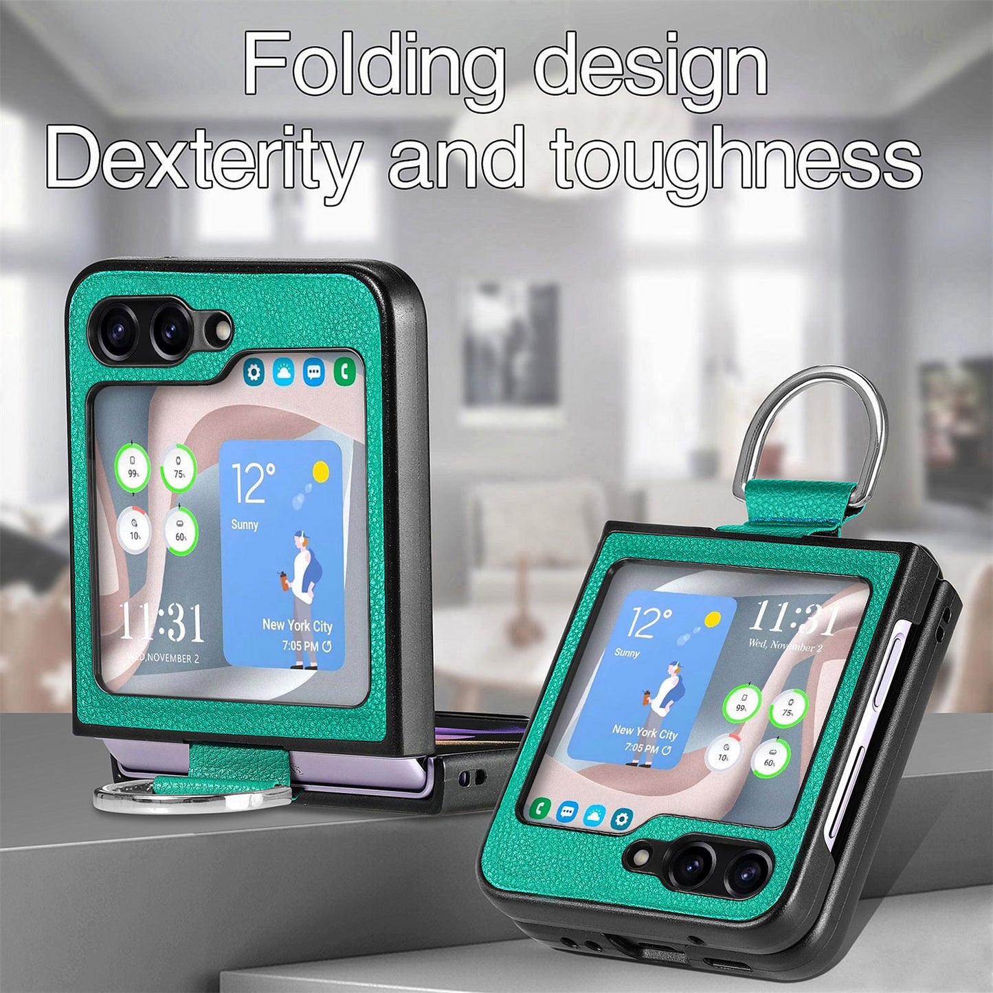 Uniqkart for Samsung Galaxy Z Flip5 5G Kickstand Phone Case Litchi Texture Leather+Hard PC Protective Cover - Green