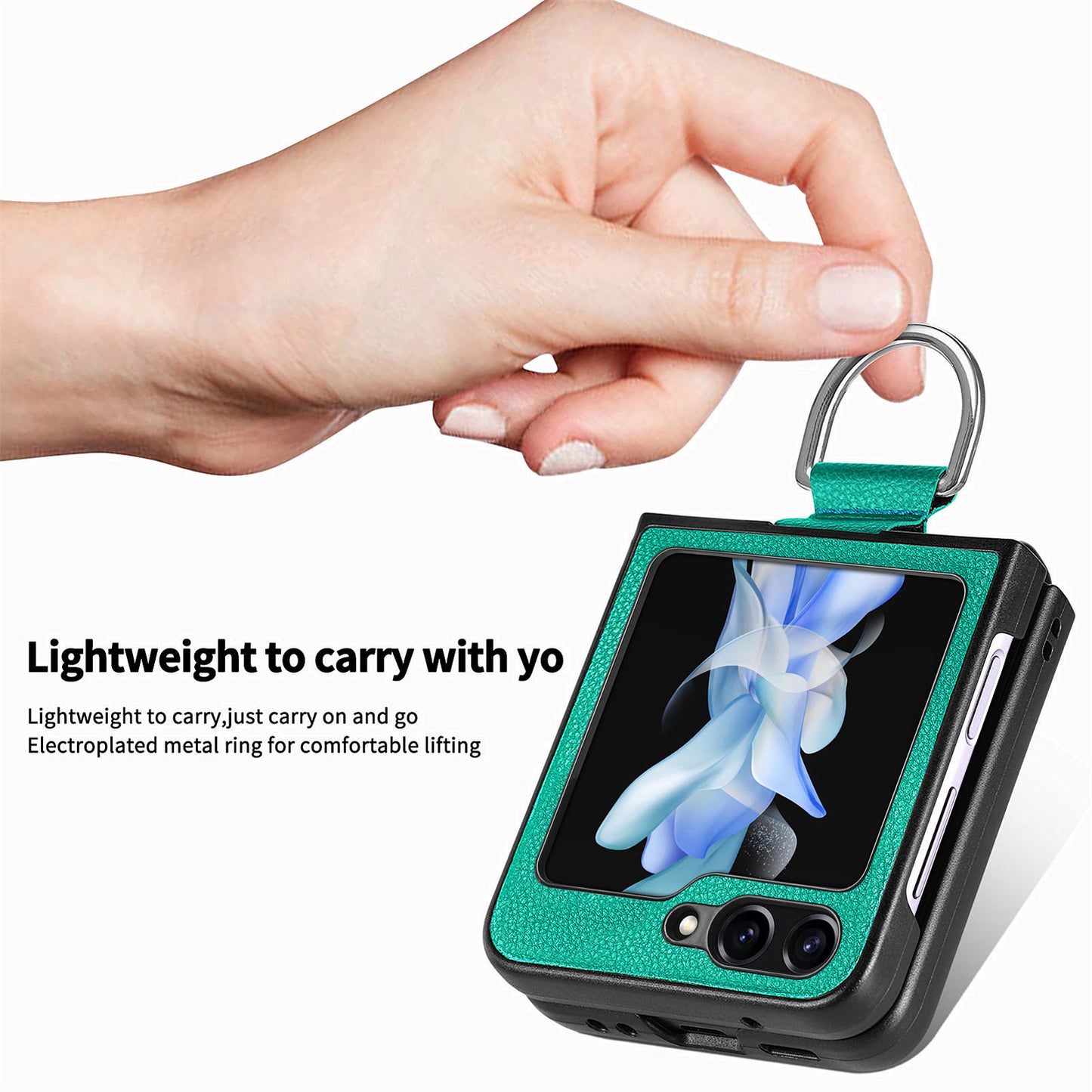 Uniqkart for Samsung Galaxy Z Flip5 5G Kickstand Phone Case Litchi Texture Leather+Hard PC Protective Cover - Green