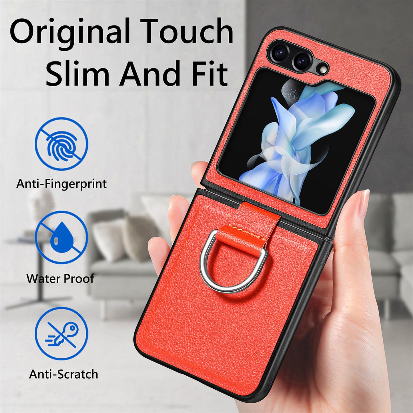 Uniqkart for Samsung Galaxy Z Flip5 5G Kickstand Phone Case Litchi Texture Leather+Hard PC Protective Cover - Orange