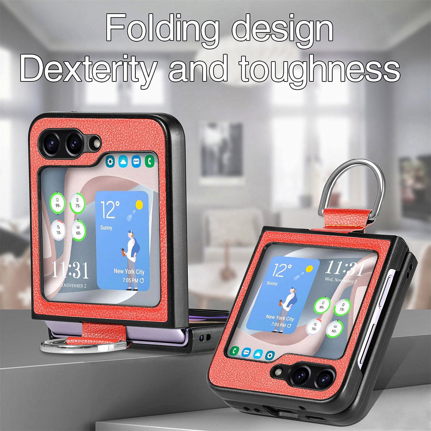 Uniqkart for Samsung Galaxy Z Flip5 5G Kickstand Phone Case Litchi Texture Leather+Hard PC Protective Cover - Orange