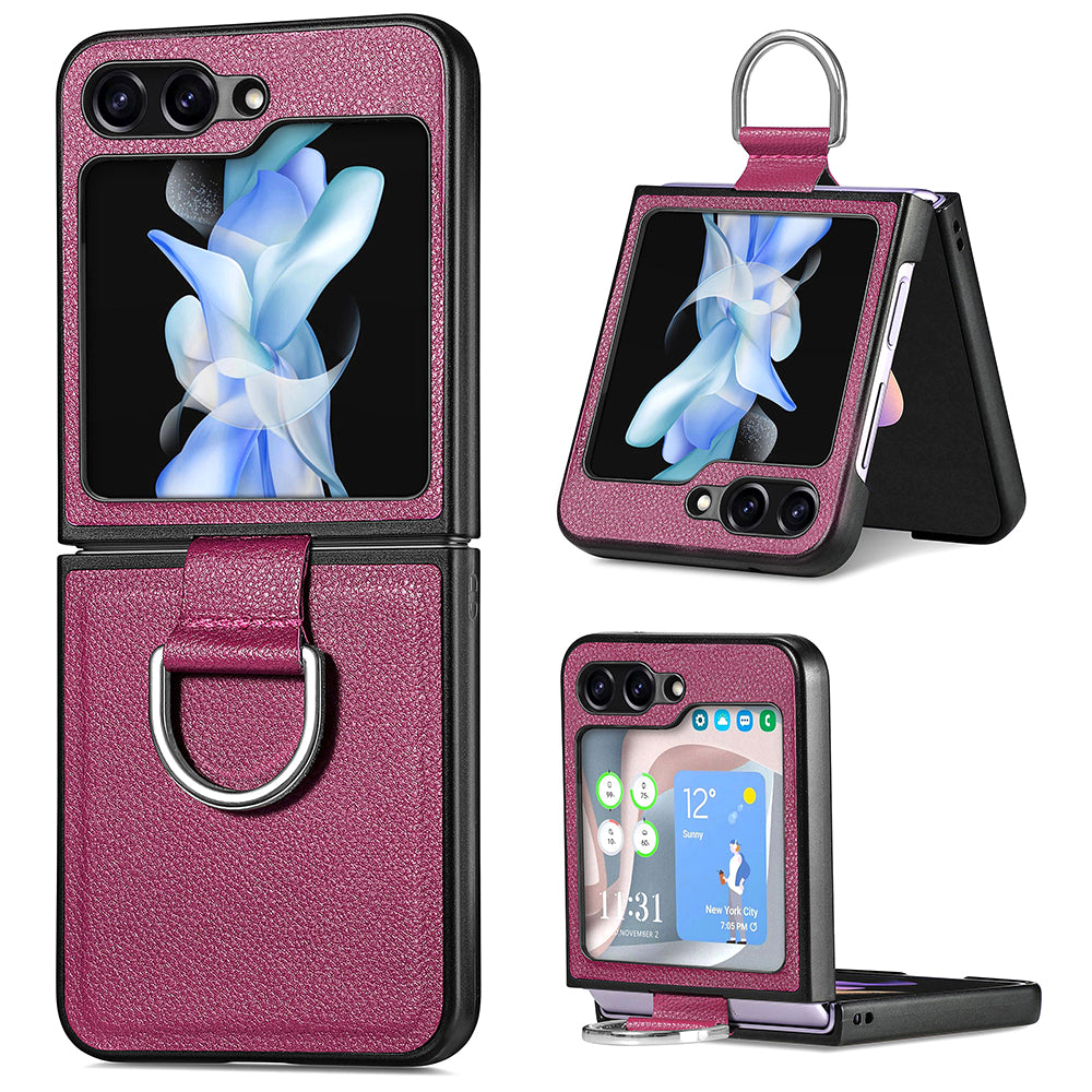 Uniqkart for Samsung Galaxy Z Flip5 5G Kickstand Phone Case Litchi Texture Leather+Hard PC Protective Cover - Purple