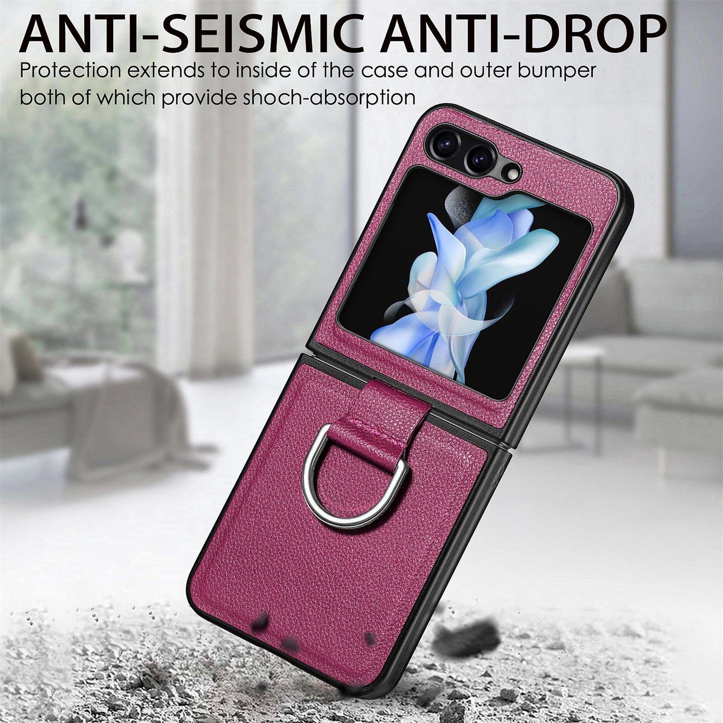 Uniqkart for Samsung Galaxy Z Flip5 5G Kickstand Phone Case Litchi Texture Leather+Hard PC Protective Cover - Purple