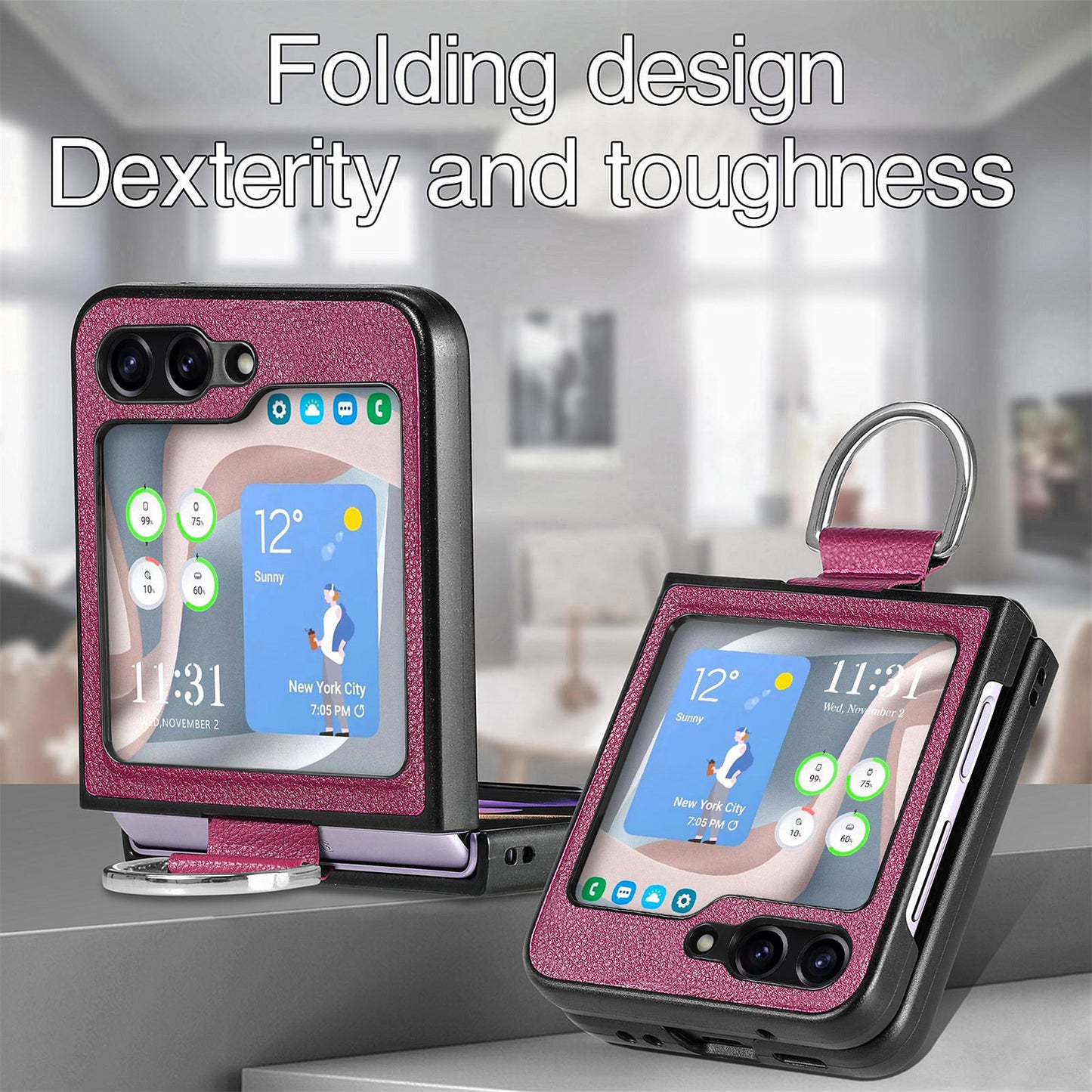 Uniqkart for Samsung Galaxy Z Flip5 5G Kickstand Phone Case Litchi Texture Leather+Hard PC Protective Cover - Purple