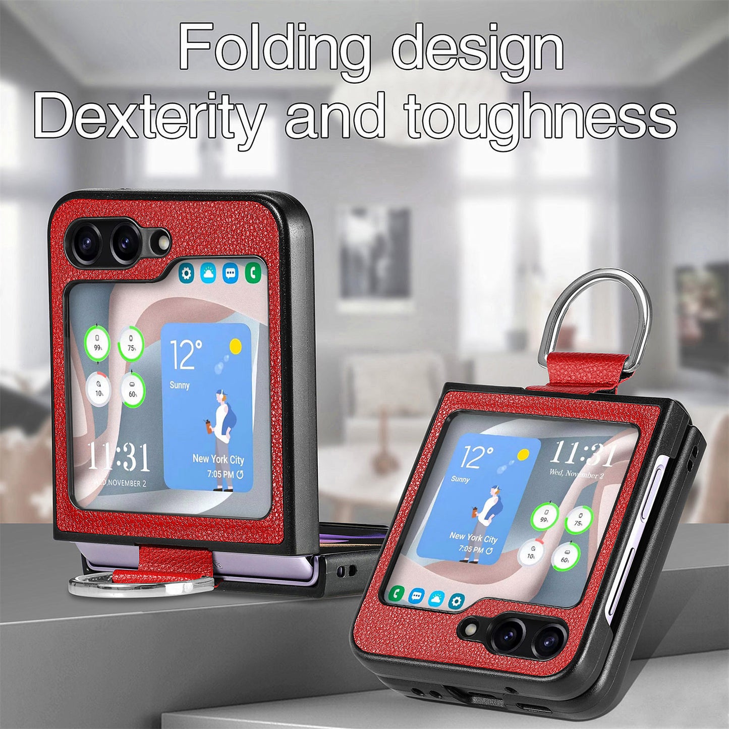Uniqkart for Samsung Galaxy Z Flip5 5G Kickstand Phone Case Litchi Texture Leather+Hard PC Protective Cover - Red