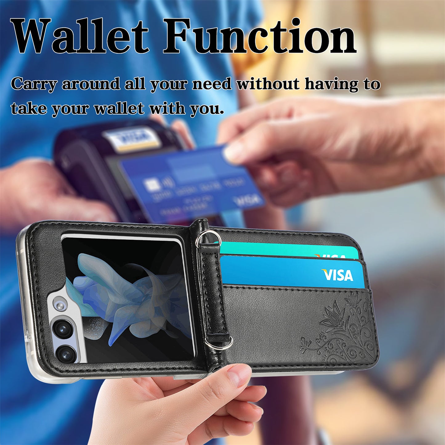 Uniqkart for Samsung Galaxy Z Flip5 5G PU Leather+PC Card Holder Case Flower Imprinted Phone Cover with Shoulder Strap - Black