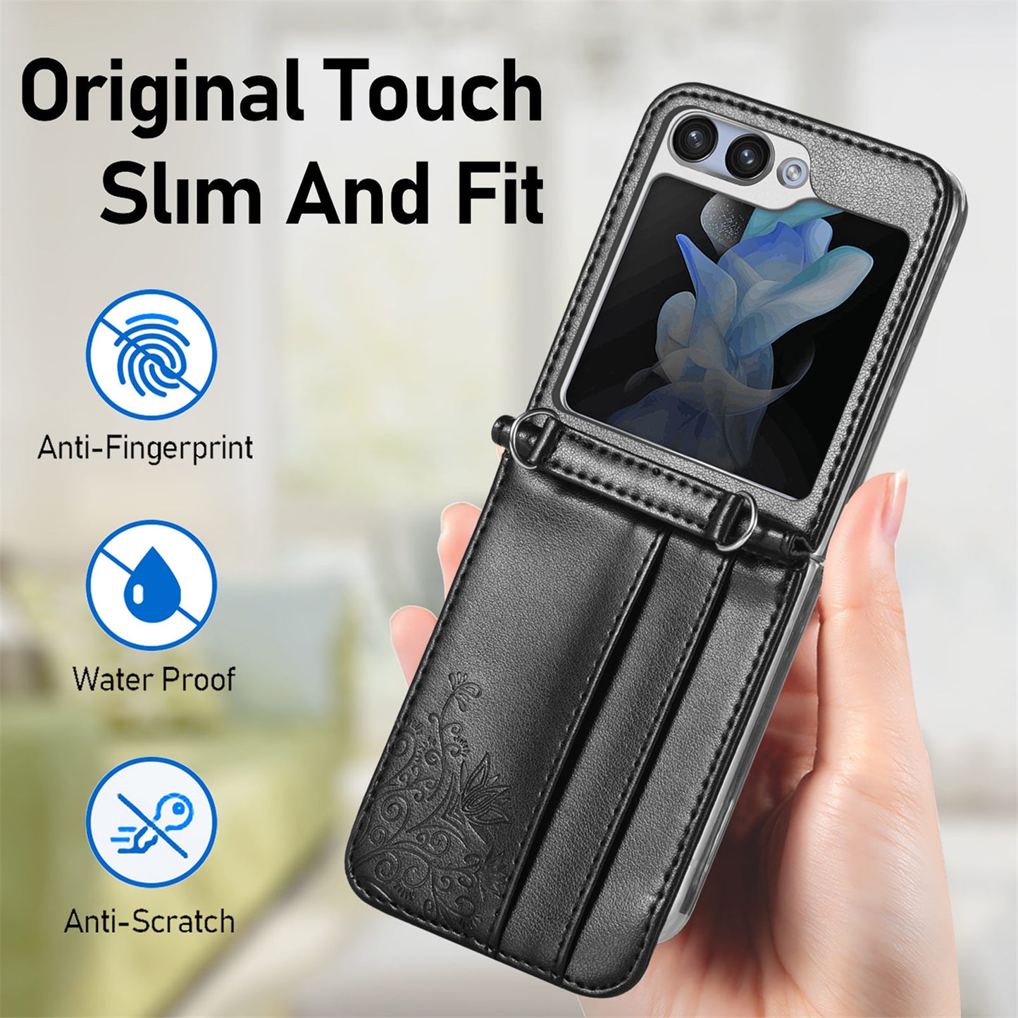 Uniqkart for Samsung Galaxy Z Flip5 5G PU Leather+PC Card Holder Case Flower Imprinted Phone Cover with Shoulder Strap - Black