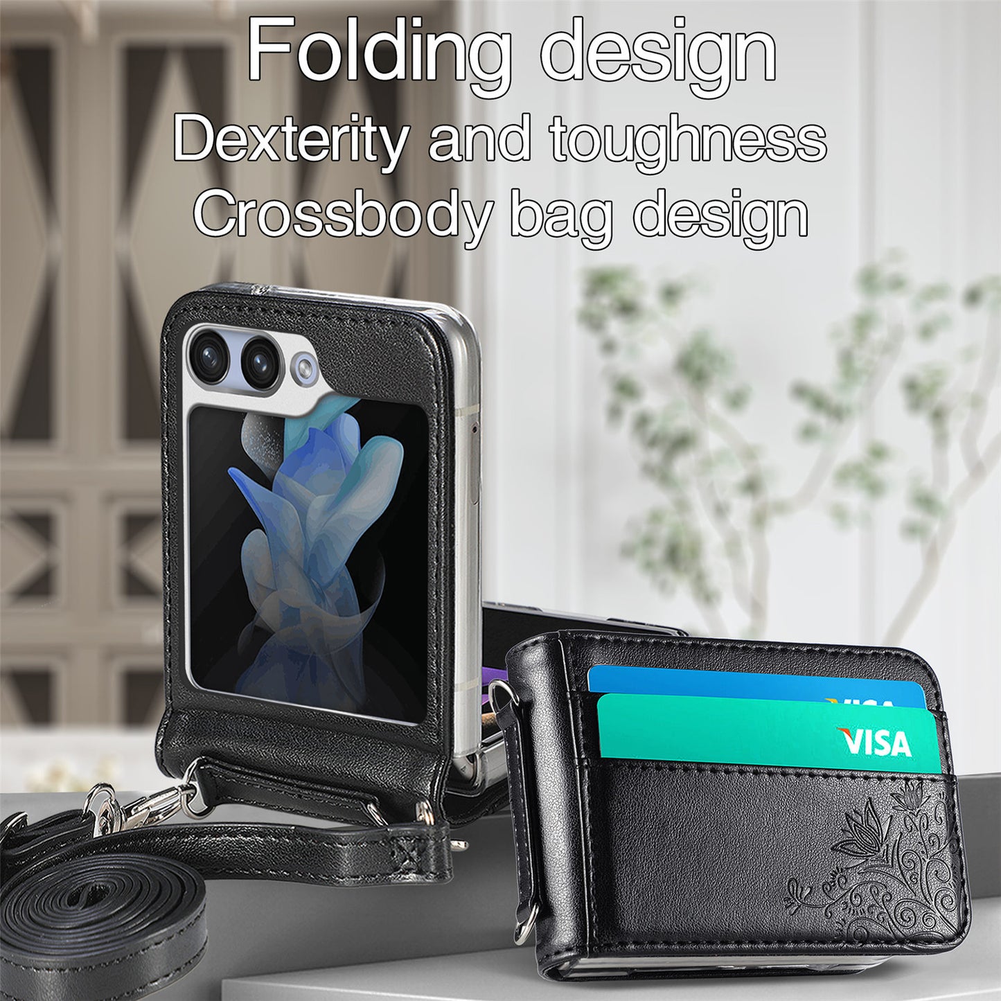 Uniqkart for Samsung Galaxy Z Flip5 5G PU Leather+PC Card Holder Case Flower Imprinted Phone Cover with Shoulder Strap - Black