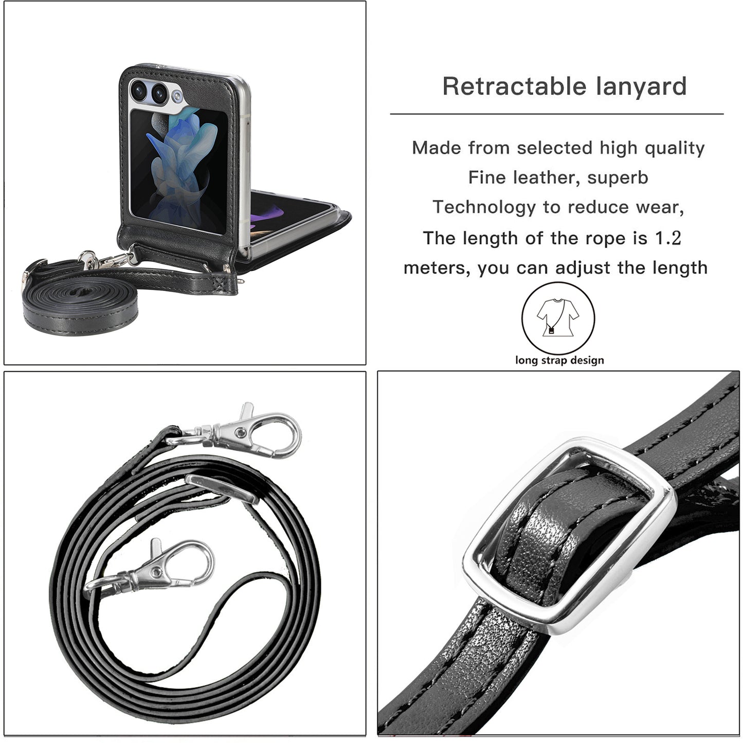 Uniqkart for Samsung Galaxy Z Flip5 5G PU Leather+PC Card Holder Case Flower Imprinted Phone Cover with Shoulder Strap - Black