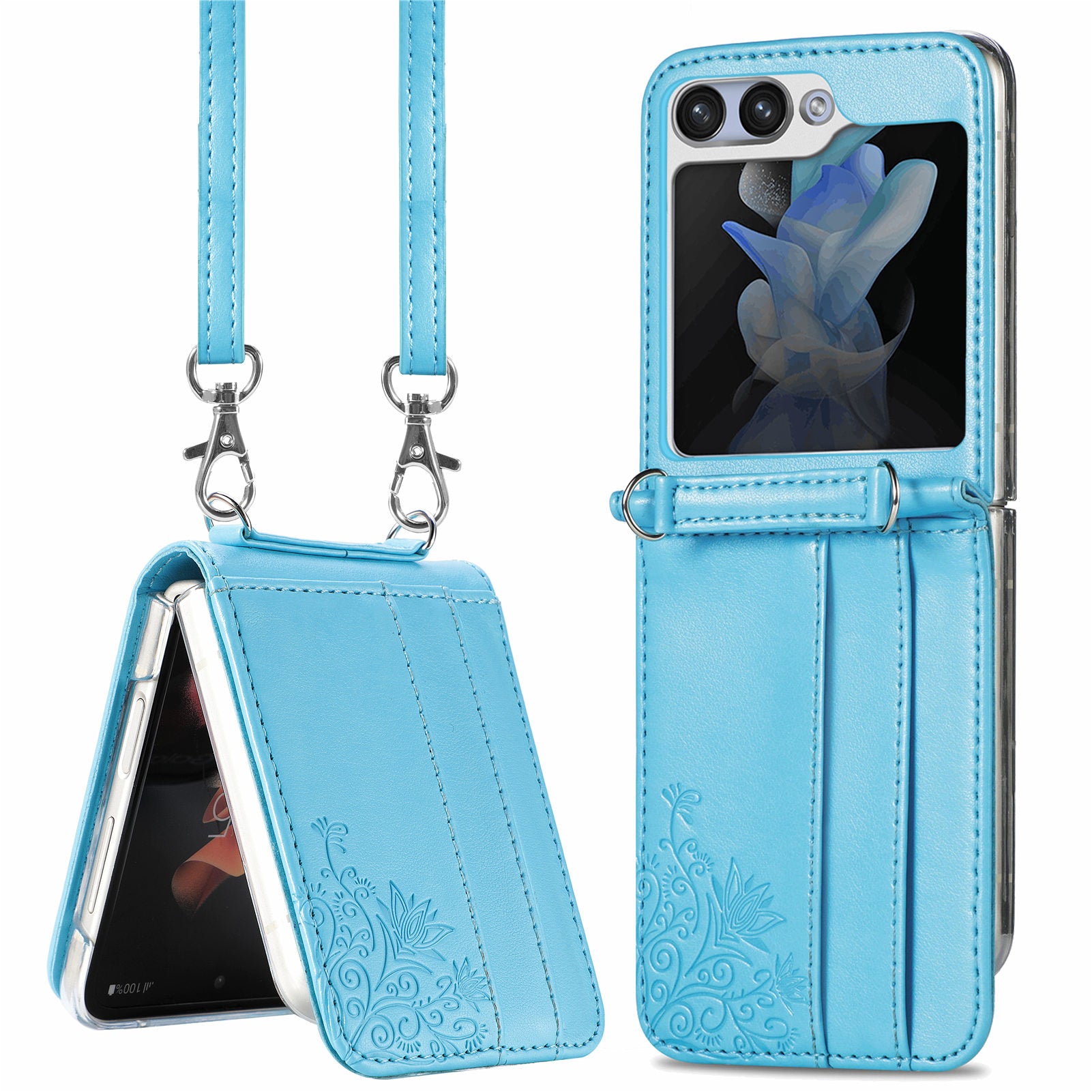 Uniqkart for Samsung Galaxy Z Flip5 5G PU Leather+PC Card Holder Case Flower Imprinted Phone Cover with Shoulder Strap - Blue