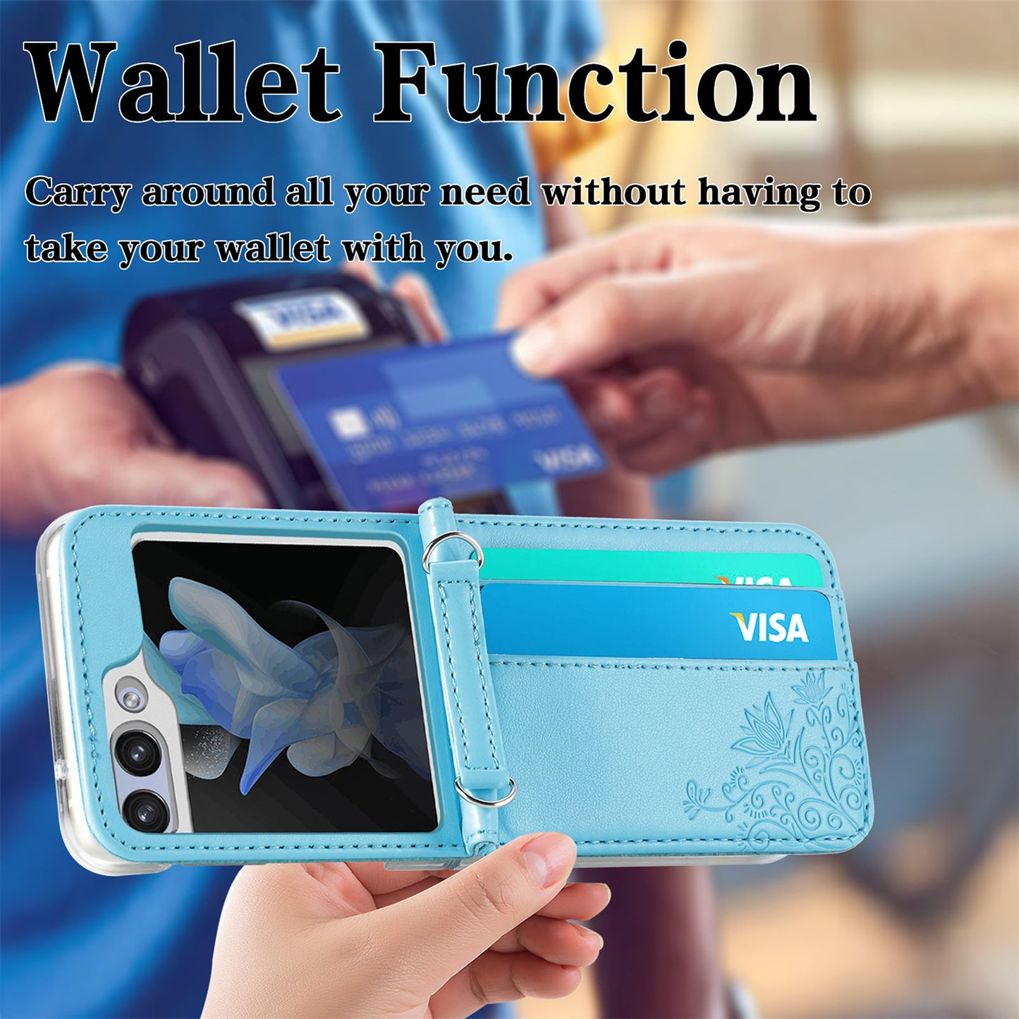 Uniqkart for Samsung Galaxy Z Flip5 5G PU Leather+PC Card Holder Case Flower Imprinted Phone Cover with Shoulder Strap - Blue