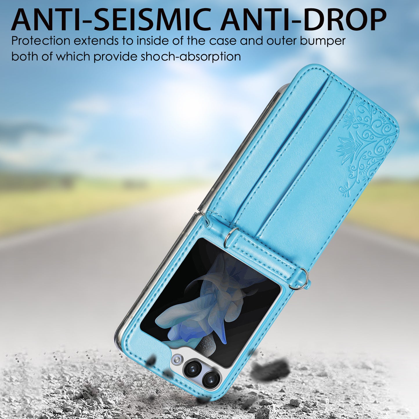 Uniqkart for Samsung Galaxy Z Flip5 5G PU Leather+PC Card Holder Case Flower Imprinted Phone Cover with Shoulder Strap - Blue