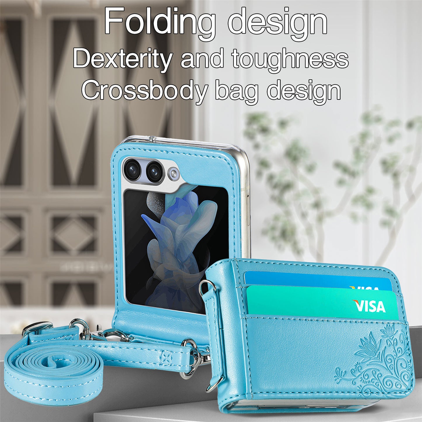 Uniqkart for Samsung Galaxy Z Flip5 5G PU Leather+PC Card Holder Case Flower Imprinted Phone Cover with Shoulder Strap - Blue