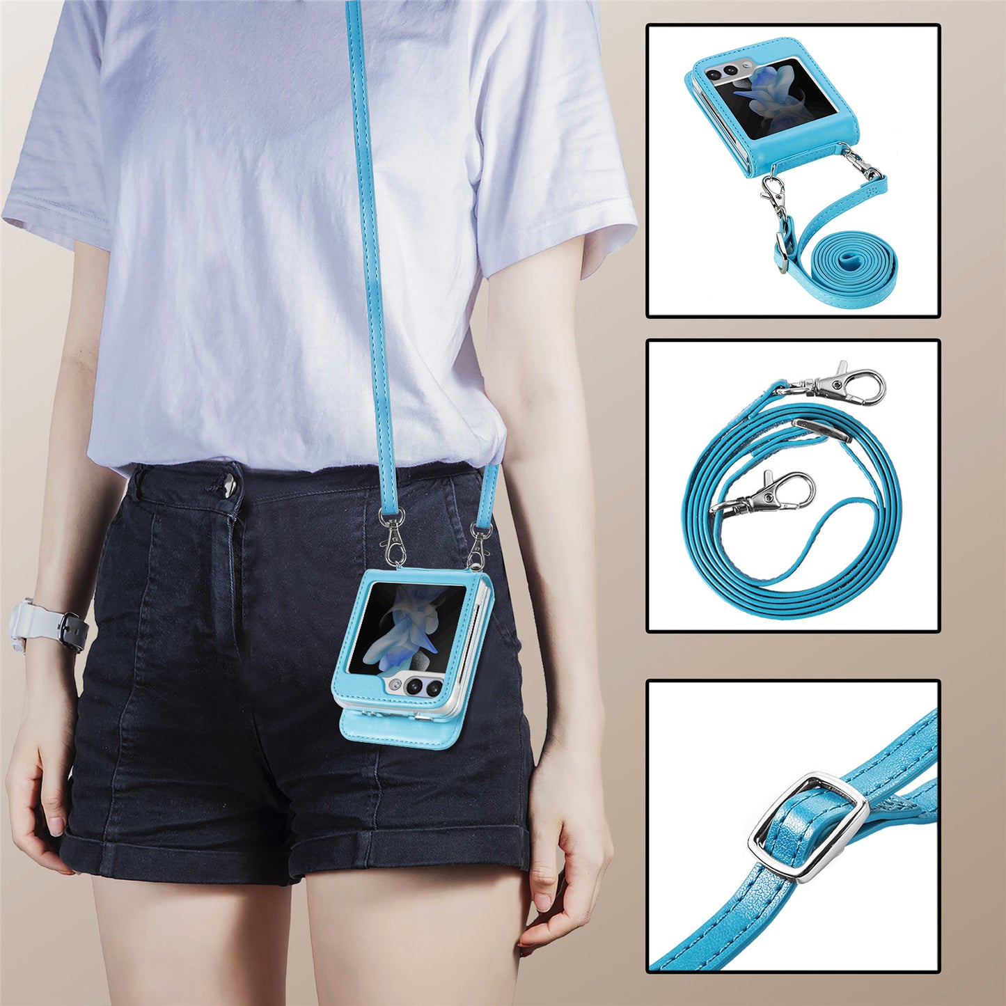 Uniqkart for Samsung Galaxy Z Flip5 5G PU Leather+PC Card Holder Case Flower Imprinted Phone Cover with Shoulder Strap - Blue