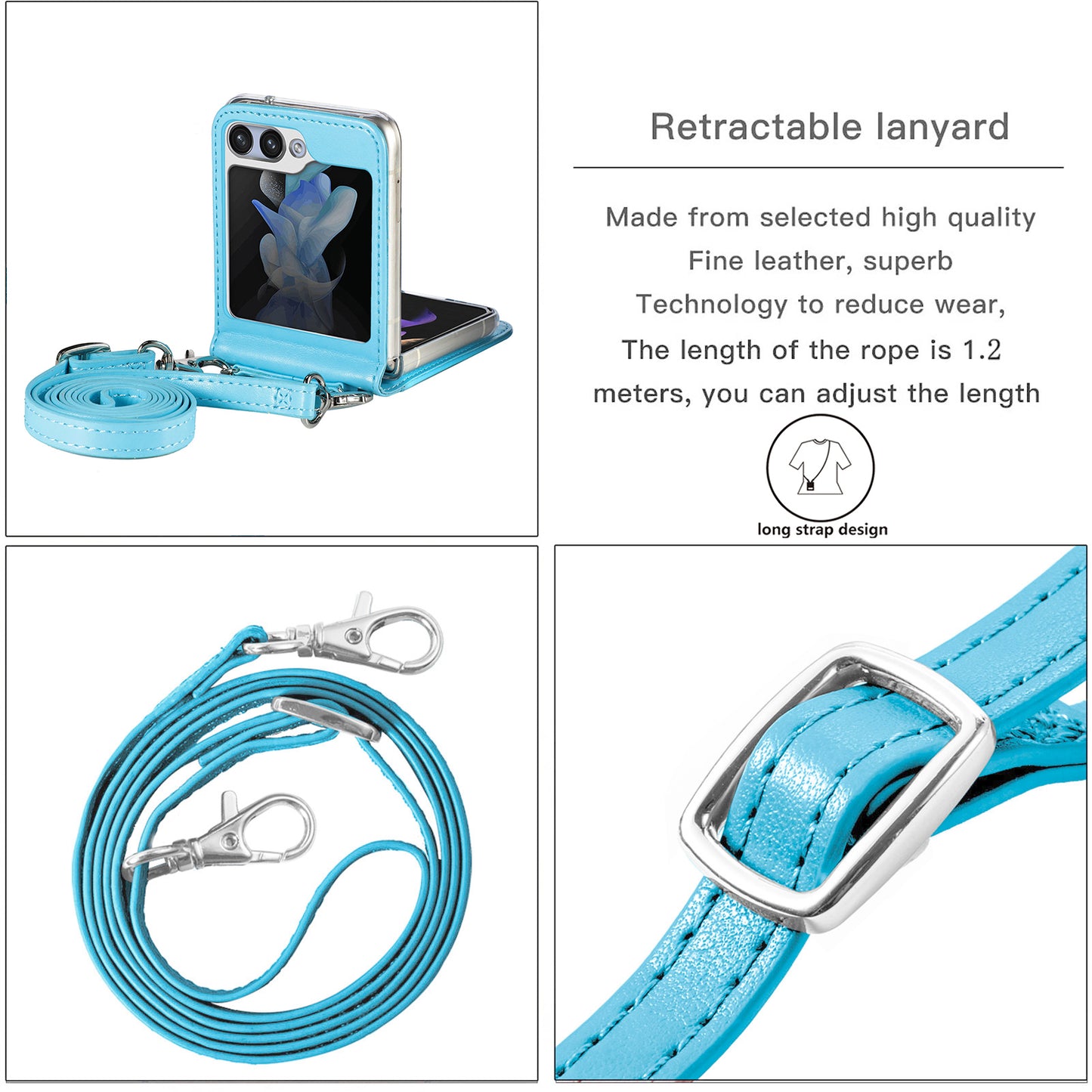 Uniqkart for Samsung Galaxy Z Flip5 5G PU Leather+PC Card Holder Case Flower Imprinted Phone Cover with Shoulder Strap - Blue