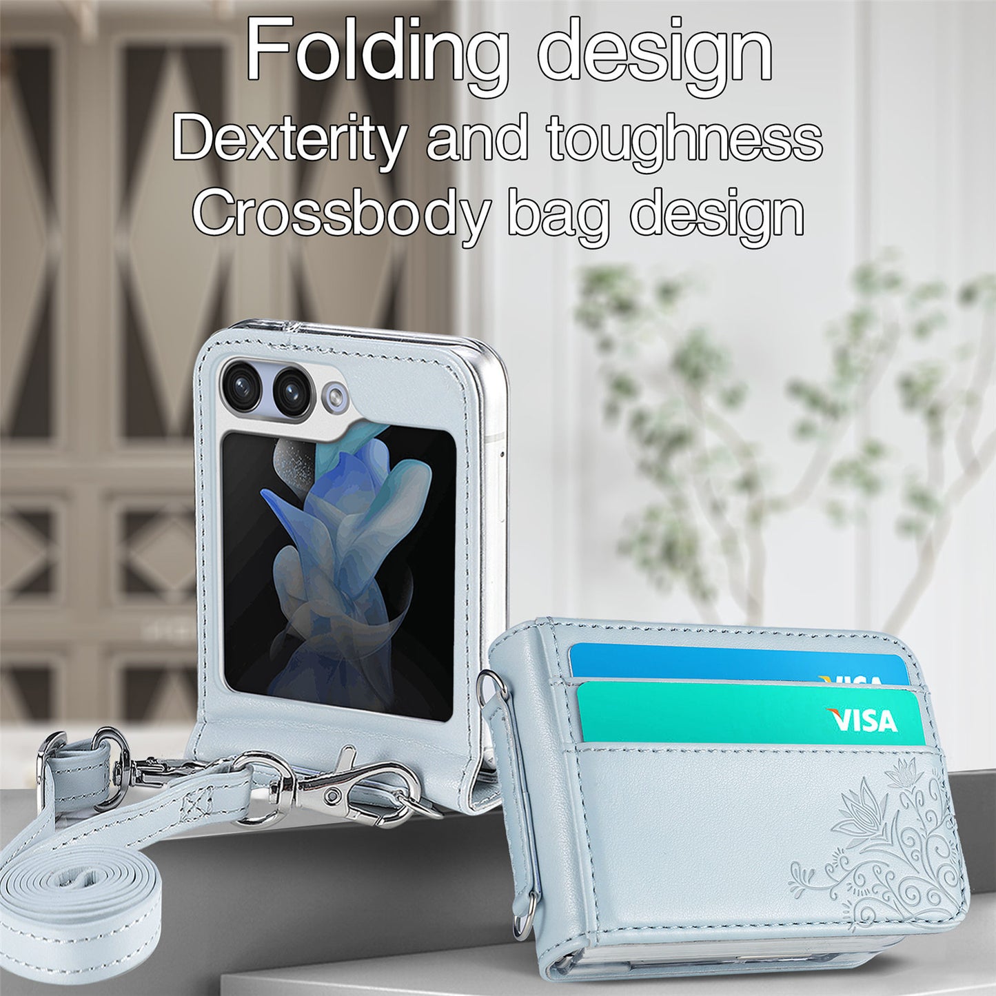 Uniqkart for Samsung Galaxy Z Flip5 5G PU Leather+PC Card Holder Case Flower Imprinted Phone Cover with Shoulder Strap - Grey