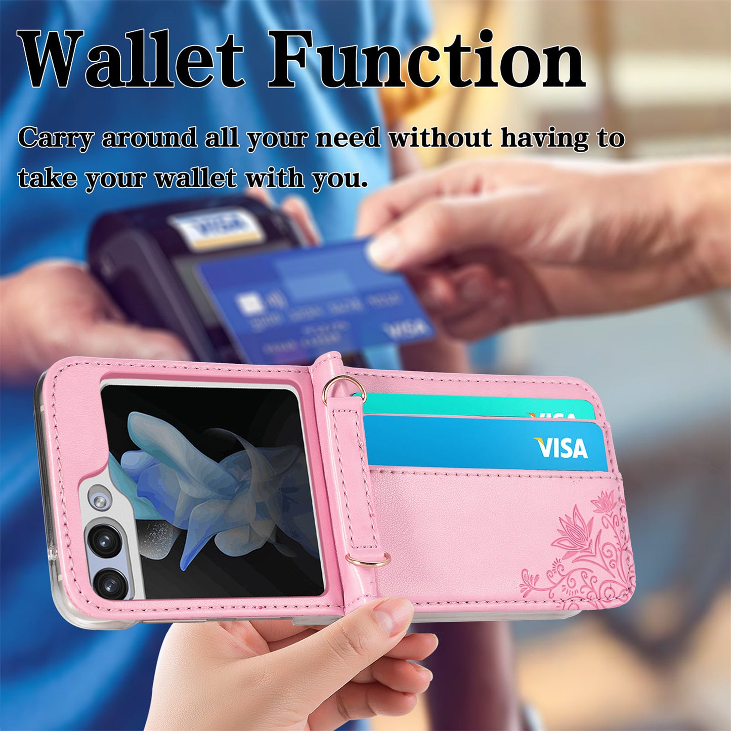Uniqkart for Samsung Galaxy Z Flip5 5G PU Leather+PC Card Holder Case Flower Imprinted Phone Cover with Shoulder Strap - Pink