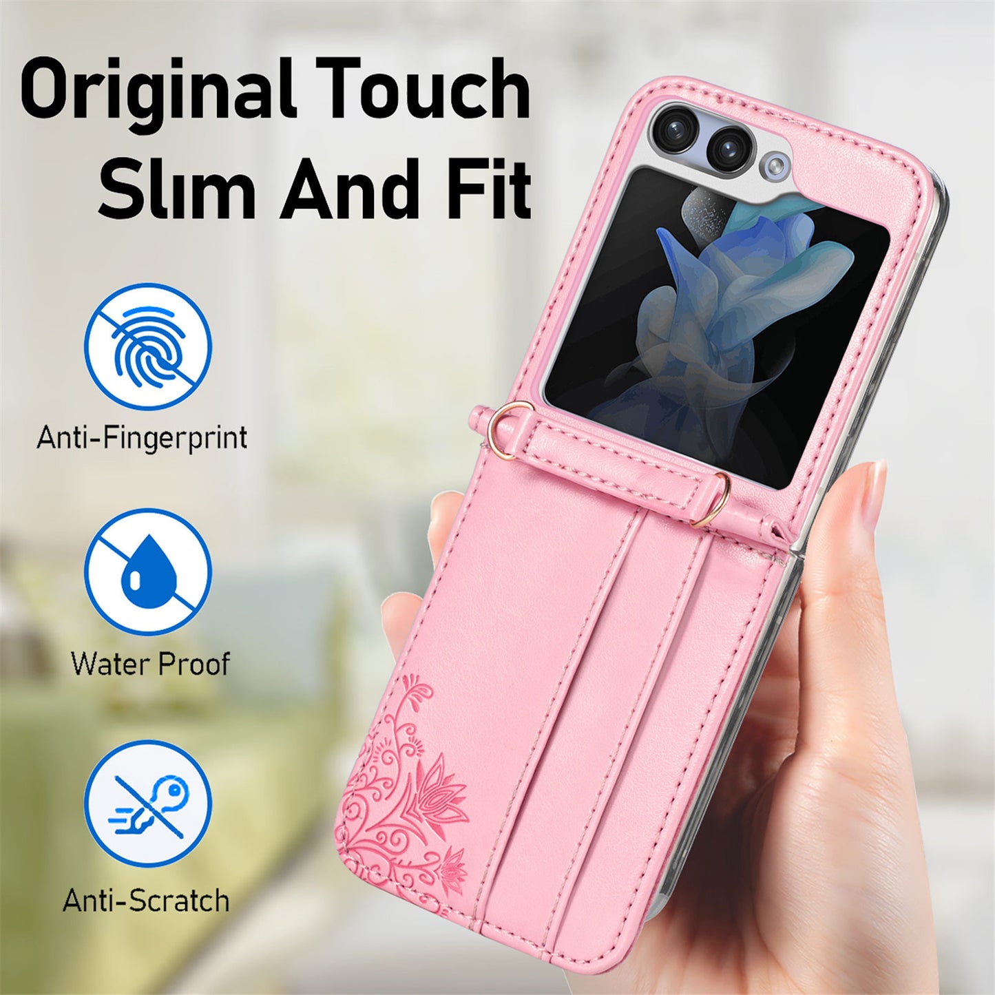 Uniqkart for Samsung Galaxy Z Flip5 5G PU Leather+PC Card Holder Case Flower Imprinted Phone Cover with Shoulder Strap - Pink