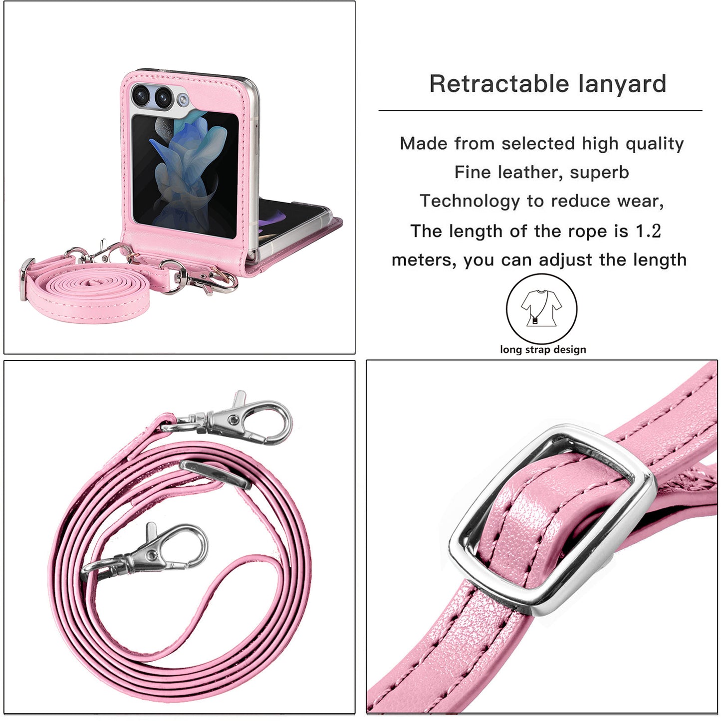 Uniqkart for Samsung Galaxy Z Flip5 5G PU Leather+PC Card Holder Case Flower Imprinted Phone Cover with Shoulder Strap - Pink