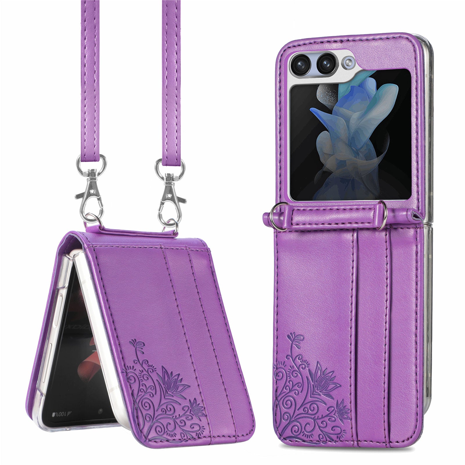 Uniqkart for Samsung Galaxy Z Flip5 5G PU Leather+PC Card Holder Case Flower Imprinted Phone Cover with Shoulder Strap - Purple