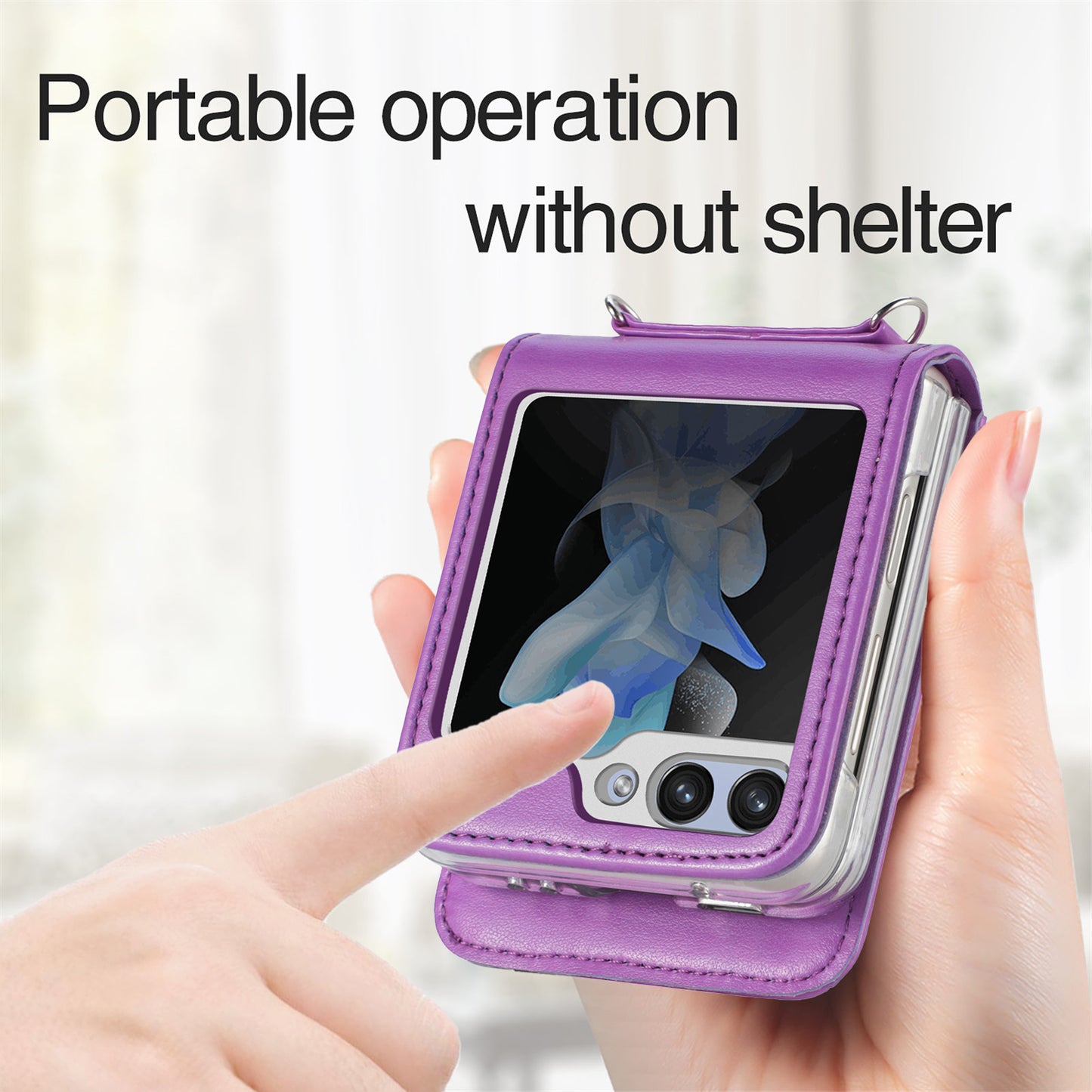 Uniqkart for Samsung Galaxy Z Flip5 5G PU Leather+PC Card Holder Case Flower Imprinted Phone Cover with Shoulder Strap - Purple