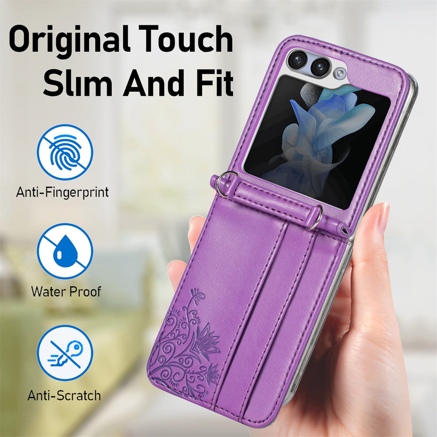 Uniqkart for Samsung Galaxy Z Flip5 5G PU Leather+PC Card Holder Case Flower Imprinted Phone Cover with Shoulder Strap - Purple