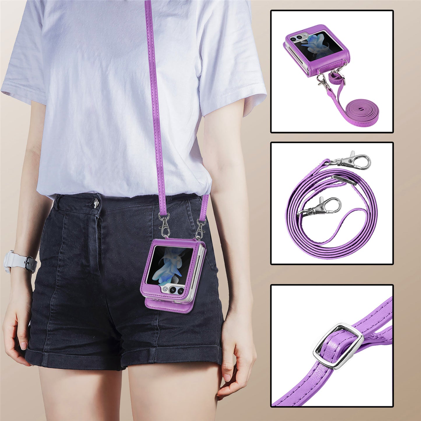 Uniqkart for Samsung Galaxy Z Flip5 5G PU Leather+PC Card Holder Case Flower Imprinted Phone Cover with Shoulder Strap - Purple