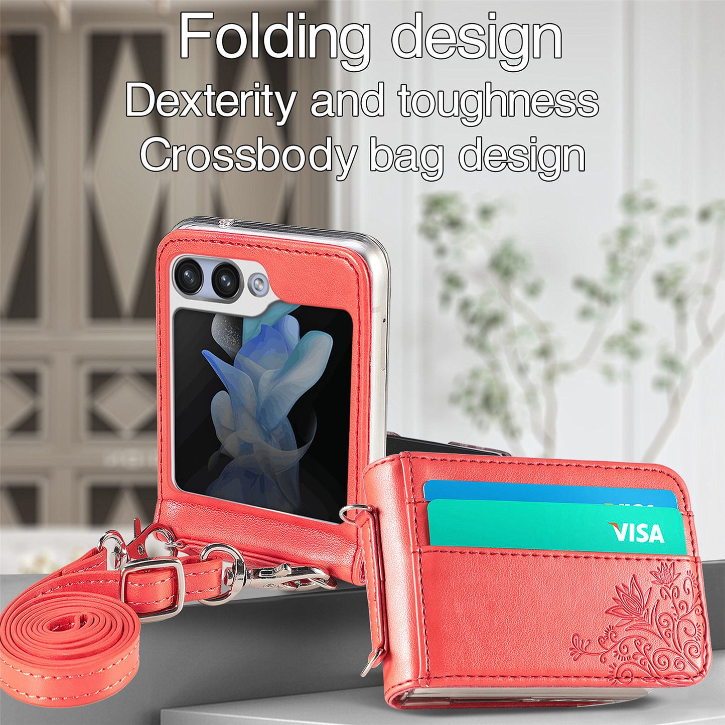 Uniqkart for Samsung Galaxy Z Flip5 5G PU Leather+PC Card Holder Case Flower Imprinted Phone Cover with Shoulder Strap - Red
