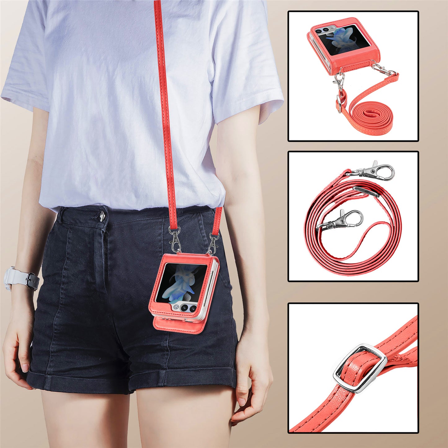 Uniqkart for Samsung Galaxy Z Flip5 5G PU Leather+PC Card Holder Case Flower Imprinted Phone Cover with Shoulder Strap - Red