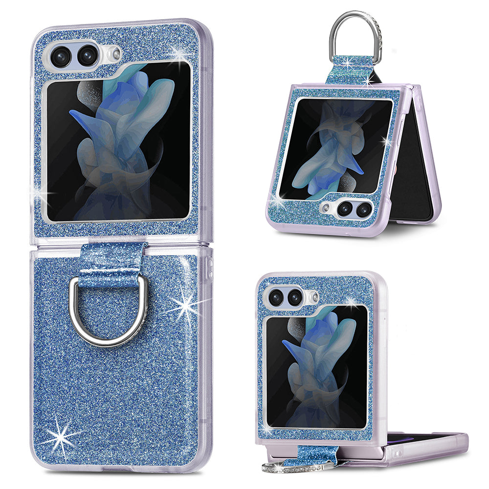 Uniqkart for Samsung Galaxy Z Flip5 5G Glitter Phone Case PU Leather Coated PC Cover with Rhinestone Decor Finger Ring - Blue