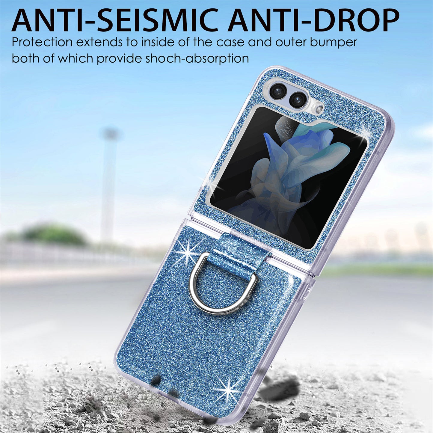 Uniqkart for Samsung Galaxy Z Flip5 5G Glitter Phone Case PU Leather Coated PC Cover with Rhinestone Decor Finger Ring - Blue