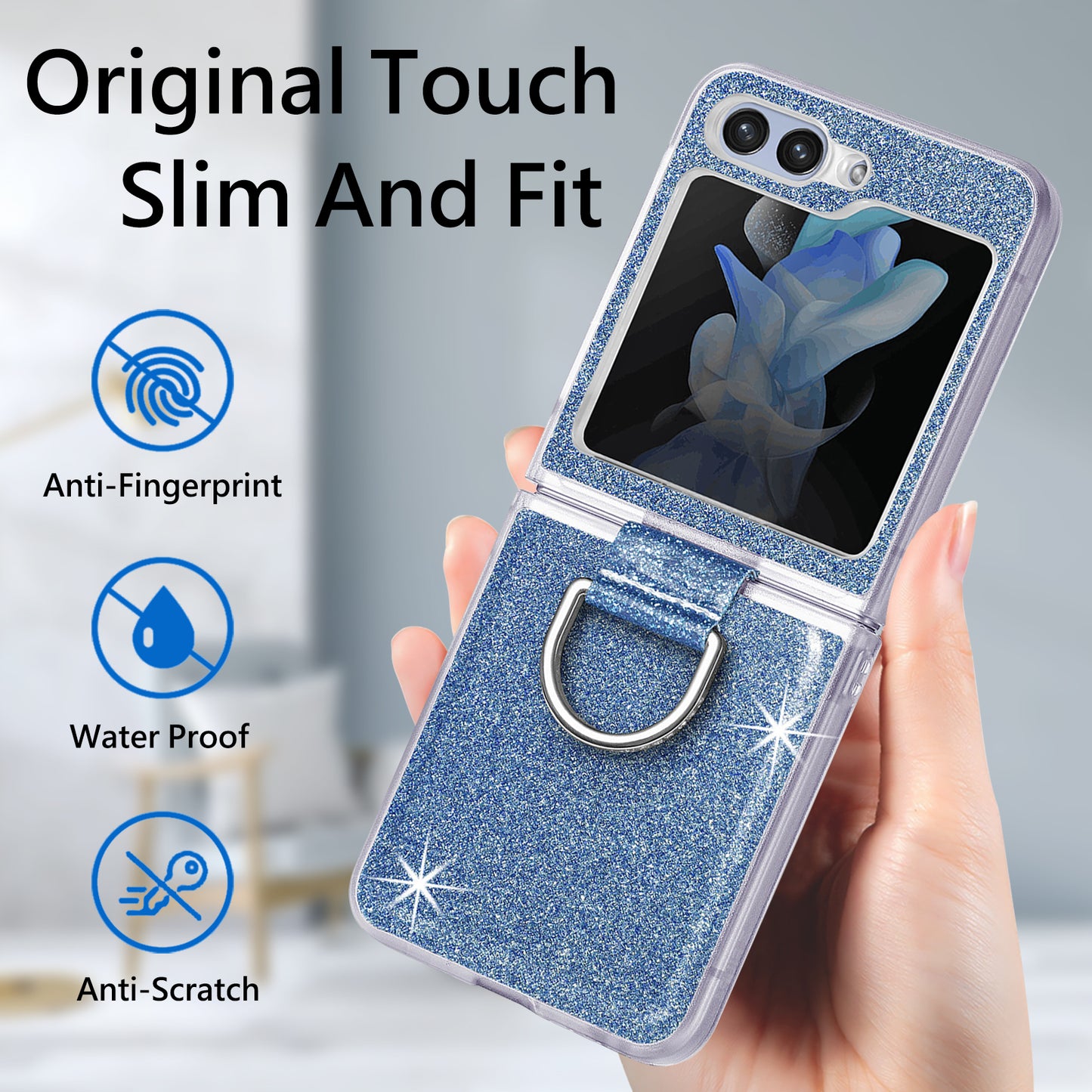 Uniqkart for Samsung Galaxy Z Flip5 5G Glitter Phone Case PU Leather Coated PC Cover with Rhinestone Decor Finger Ring - Blue