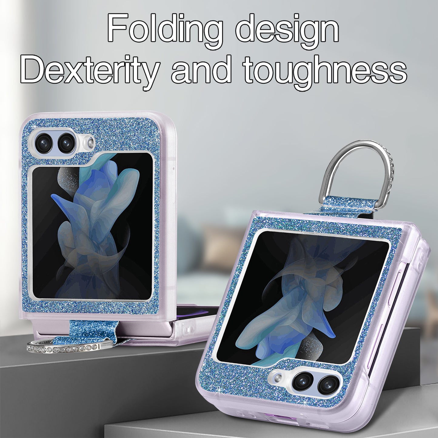 Uniqkart for Samsung Galaxy Z Flip5 5G Glitter Phone Case PU Leather Coated PC Cover with Rhinestone Decor Finger Ring - Blue