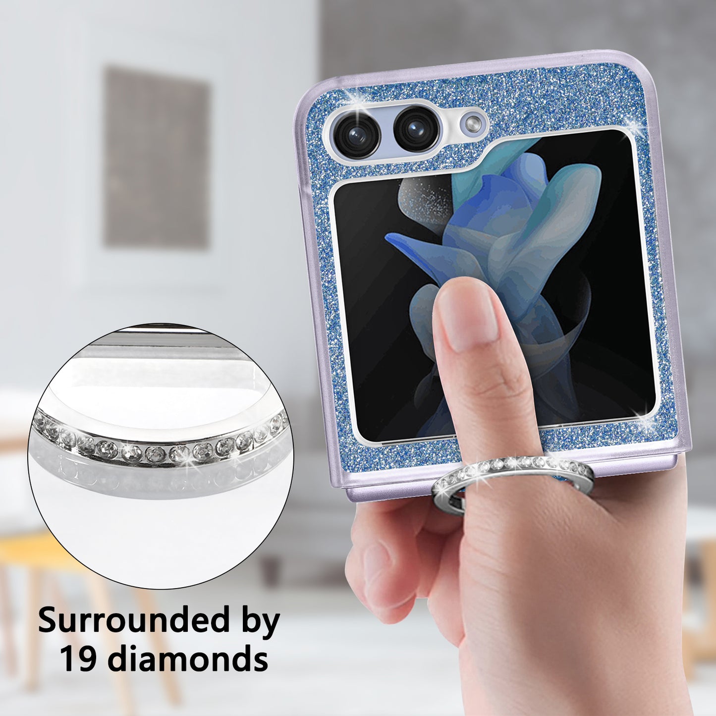 Uniqkart for Samsung Galaxy Z Flip5 5G Glitter Phone Case PU Leather Coated PC Cover with Rhinestone Decor Finger Ring - Blue