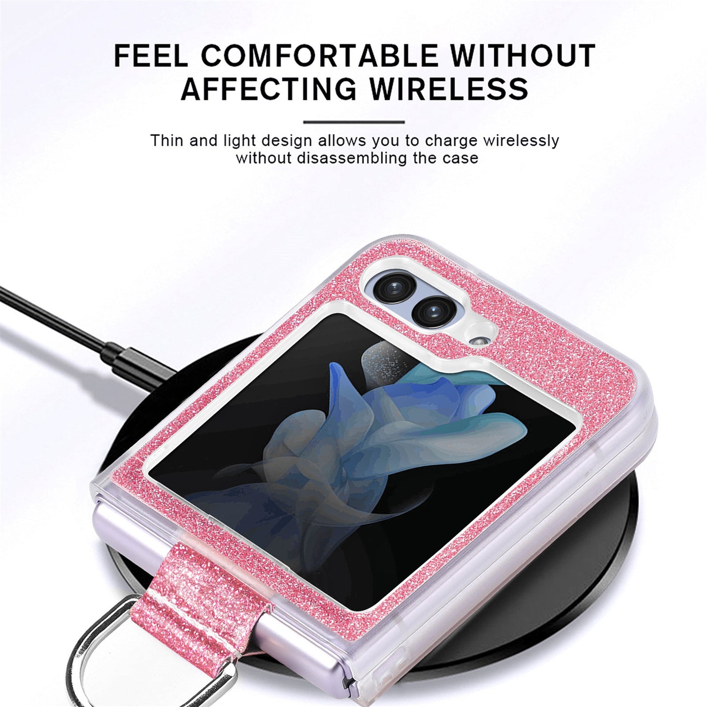 Uniqkart for Samsung Galaxy Z Flip5 5G Glitter Phone Case PU Leather Coated PC Cover with Rhinestone Decor Finger Ring - Blue