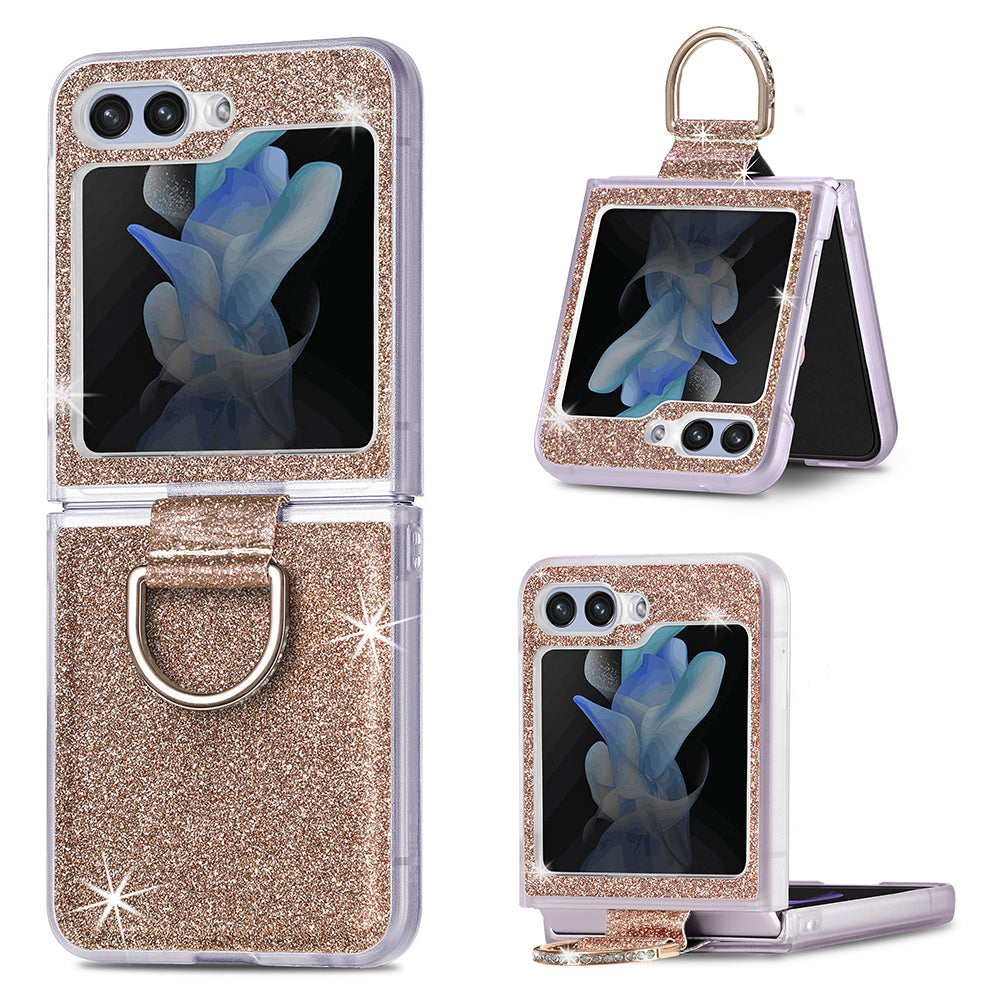 Uniqkart for Samsung Galaxy Z Flip5 5G Glitter Phone Case PU Leather Coated PC Cover with Rhinestone Decor Finger Ring - Gold