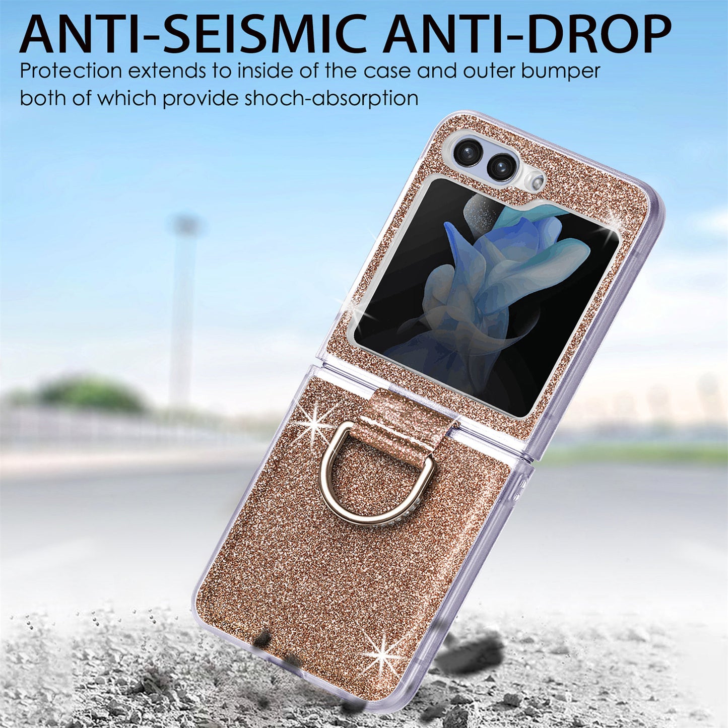 Uniqkart for Samsung Galaxy Z Flip5 5G Glitter Phone Case PU Leather Coated PC Cover with Rhinestone Decor Finger Ring - Gold