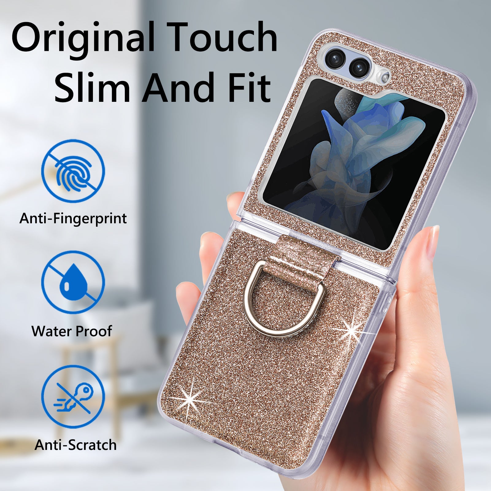 Uniqkart for Samsung Galaxy Z Flip5 5G Glitter Phone Case PU Leather Coated PC Cover with Rhinestone Decor Finger Ring - Gold