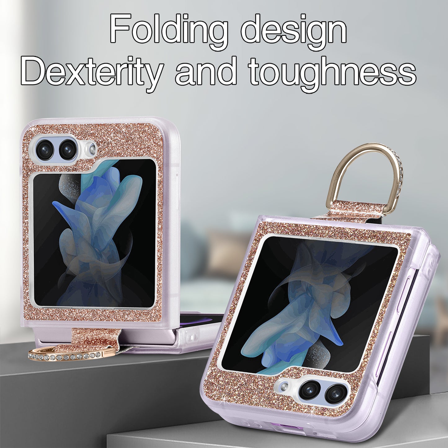 Uniqkart for Samsung Galaxy Z Flip5 5G Glitter Phone Case PU Leather Coated PC Cover with Rhinestone Decor Finger Ring - Gold