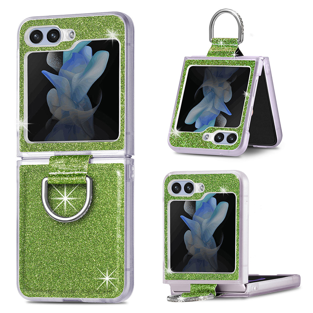 Uniqkart for Samsung Galaxy Z Flip5 5G Glitter Phone Case PU Leather Coated PC Cover with Rhinestone Decor Finger Ring - Green