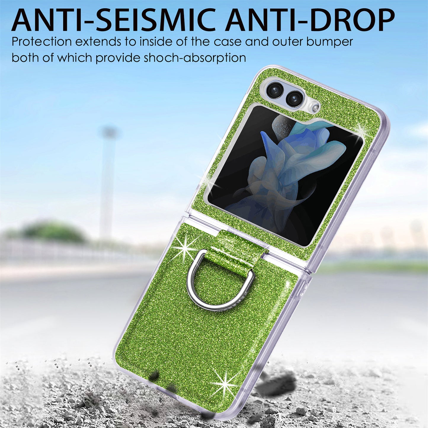 Uniqkart for Samsung Galaxy Z Flip5 5G Glitter Phone Case PU Leather Coated PC Cover with Rhinestone Decor Finger Ring - Green