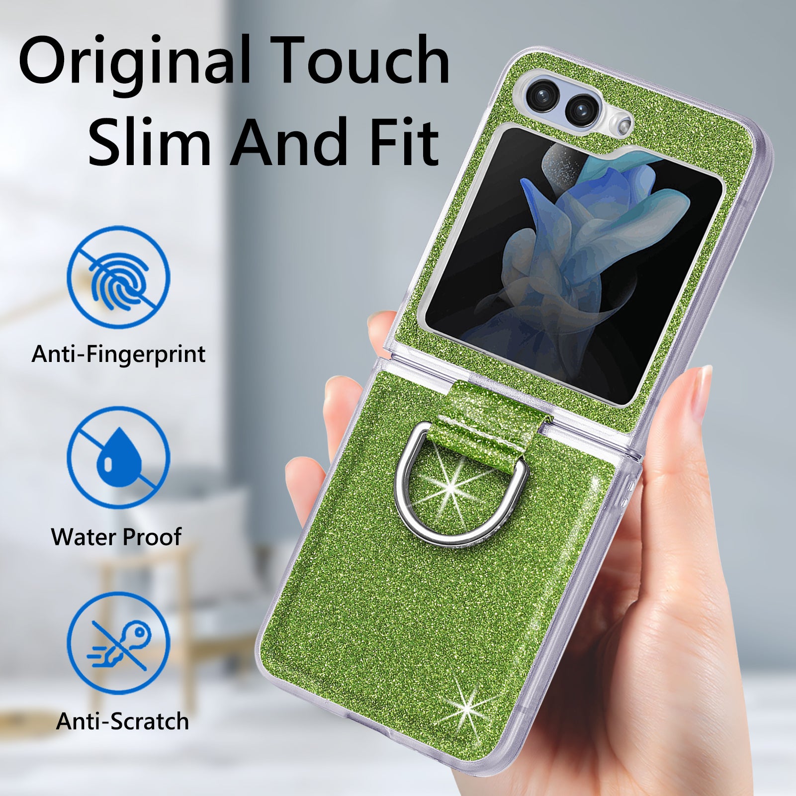 Uniqkart for Samsung Galaxy Z Flip5 5G Glitter Phone Case PU Leather Coated PC Cover with Rhinestone Decor Finger Ring - Green