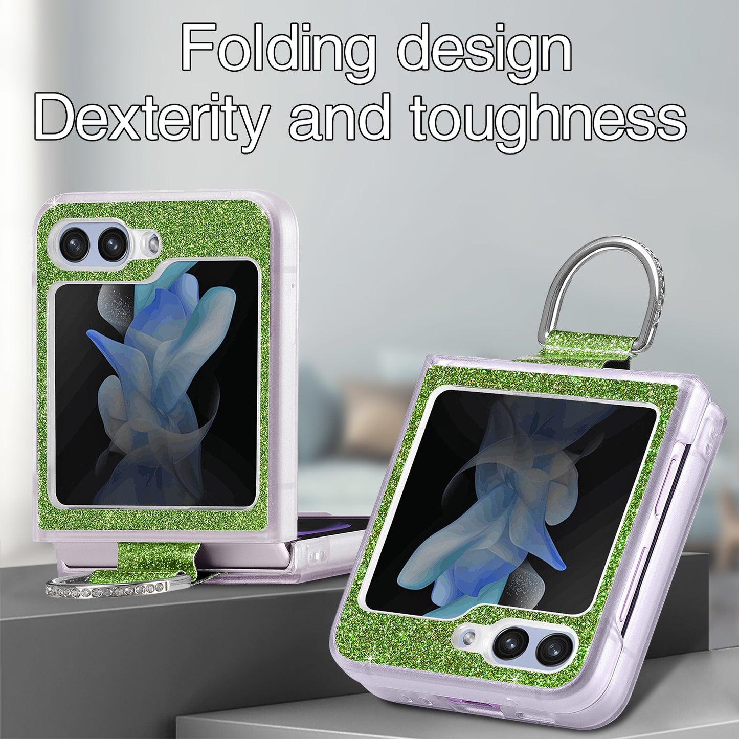 Uniqkart for Samsung Galaxy Z Flip5 5G Glitter Phone Case PU Leather Coated PC Cover with Rhinestone Decor Finger Ring - Green