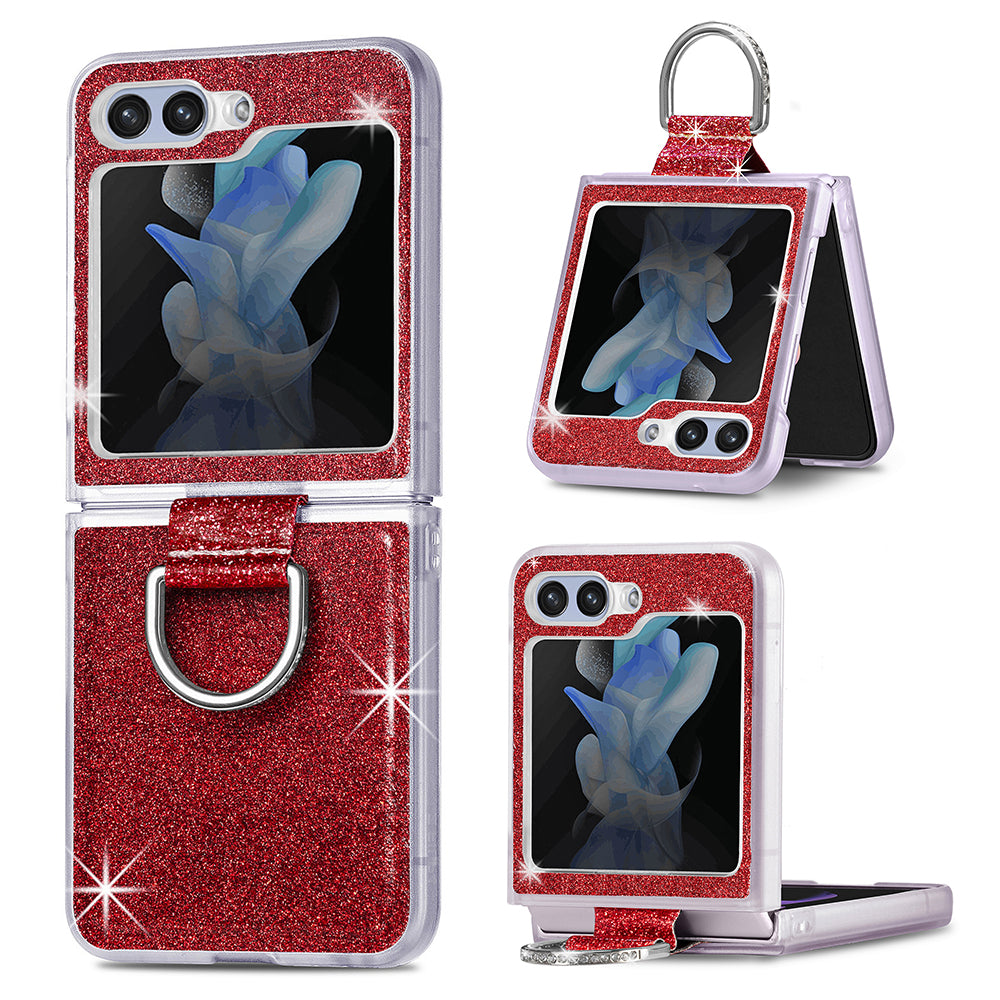 Uniqkart for Samsung Galaxy Z Flip5 5G Glitter Phone Case PU Leather Coated PC Cover with Rhinestone Decor Finger Ring - Red