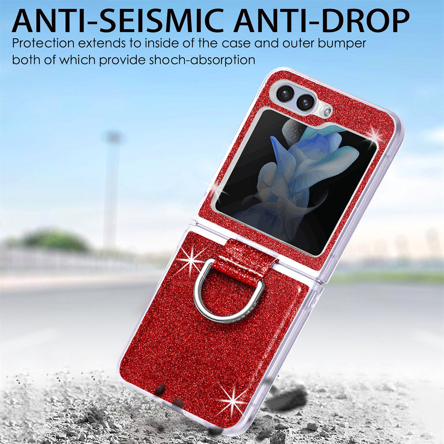 Uniqkart for Samsung Galaxy Z Flip5 5G Glitter Phone Case PU Leather Coated PC Cover with Rhinestone Decor Finger Ring - Red