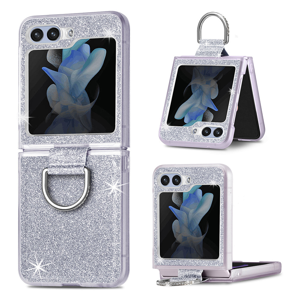 Uniqkart for Samsung Galaxy Z Flip5 5G Glitter Phone Case PU Leather Coated PC Cover with Rhinestone Decor Finger Ring - White