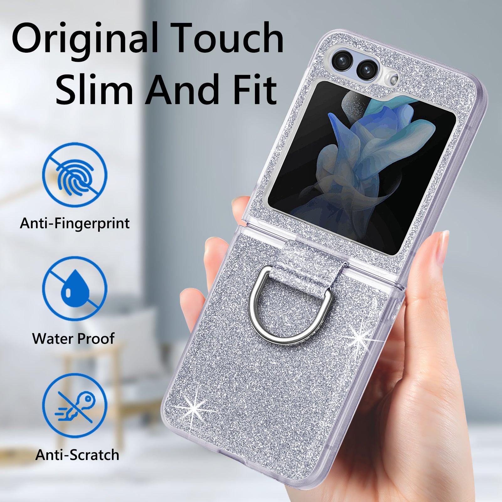 Uniqkart for Samsung Galaxy Z Flip5 5G Glitter Phone Case PU Leather Coated PC Cover with Rhinestone Decor Finger Ring - White