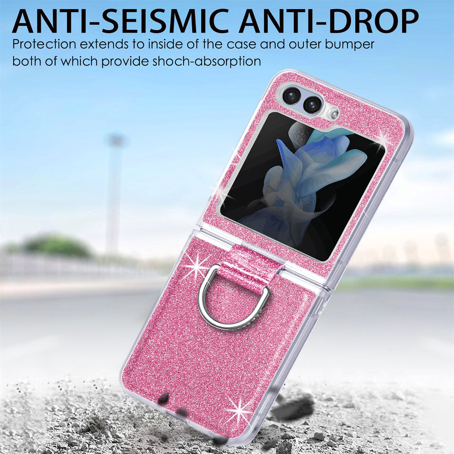 Uniqkart for Samsung Galaxy Z Flip5 5G Glitter Phone Case PU Leather Coated PC Cover with Rhinestone Decor Finger Ring - Pink