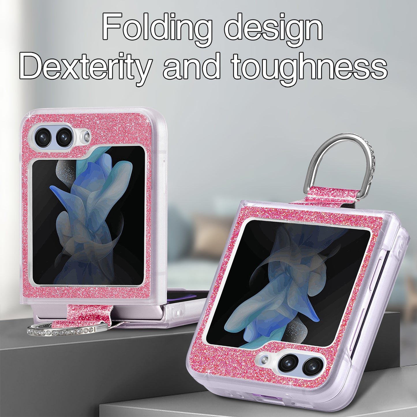 Uniqkart for Samsung Galaxy Z Flip5 5G Glitter Phone Case PU Leather Coated PC Cover with Rhinestone Decor Finger Ring - Pink