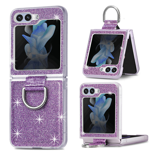 Uniqkart for Samsung Galaxy Z Flip5 5G Glitter Phone Case PU Leather Coated PC Cover with Rhinestone Decor Finger Ring - Purple